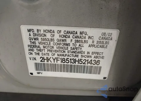 2003 Honda Pilot Ex-L из США, поврежденный, VIN 2HKYF18513H521436